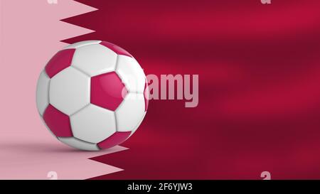 Colorful red soccer ball with qatar flag behind on background. Render of football banner for 2022 soccer world cup Stock Photo