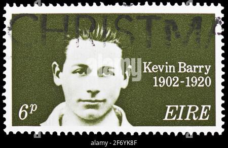 MOSCOW, RUSSIA - JANUARY 18, 2021: Postage stamp printed in Ireland shows Kevin Barry 1902-1920, 50th Death Anniversary of Kevin Barry serie, circa 19 Stock Photo