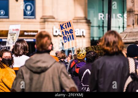 3rd April 2021 - Newcastle UK. Protestors gather in Newcastle for the 'Kill The Bill' protest, as part of a national day of action against increased police powers. Credit: Thomas Jackson / Alamy Live News Stock Photo