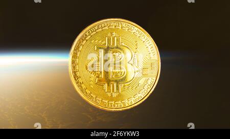 the world main cryptocurrency bitcoin,gold coin in pace background Elements of this image furnished by NASA illustration Stock Photo