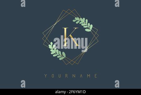 Golden Letter K Logo With golden square frames and green leaf design. Creative vector illustration with letter K for beauty, fashion, jewelry, luxury, Stock Vector