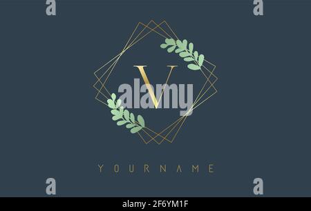 Golden Letter V Logo With golden square frames and green leaf design. Creative vector illustration with letter V for beauty, fashion, jewelry, luxury, Stock Vector