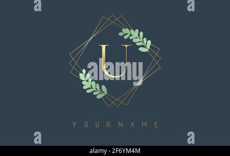 Golden Letter U Logo With golden square frames and green leaf design. Creative vector illustration with letter U for beauty, fashion, jewelry, luxury, Stock Vector