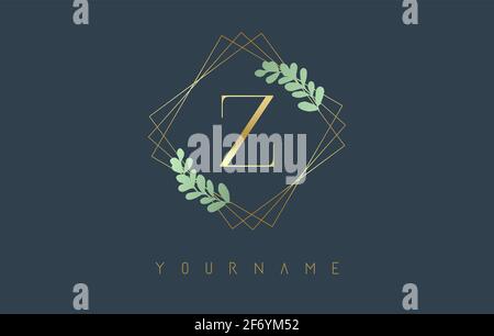 Golden Letter Z Logo With golden square frames and green leaf design. Creative vector illustration with letter Z for beauty, fashion, jewelry, luxury, Stock Vector