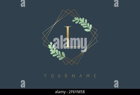 Golden Letter L Logo With golden square frames and green leaf design. Creative vector illustration with letter L for beauty, fashion, jewelry, luxury, Stock Vector