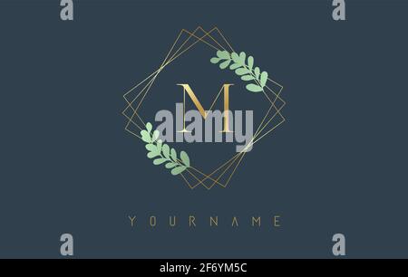 Golden Letter M Logo With golden square frames and green leaf design. Creative vector illustration with letter M for beauty, fashion, jewelry, luxury, Stock Vector