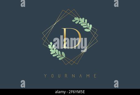 Golden Letter D Logo With golden square frames and green leaf design. Creative vector illustration with letter D  for beauty, fashion, jewelry, luxury Stock Vector