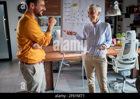 Senior female partner mentoring young businessman in the office Stock Photo