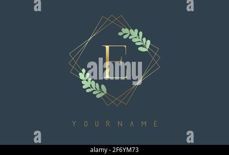 Golden Letter E Logo With golden square frames and green leaf design. Creative vector illustration with letter E  for beauty, fashion, jewelry, luxury Stock Vector