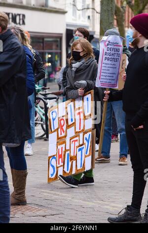 York, UK. 3rd April, 2021. Protestor with Priti Shitty sign. Credit: Ed Clews/Alamy Live News. Stock Photo