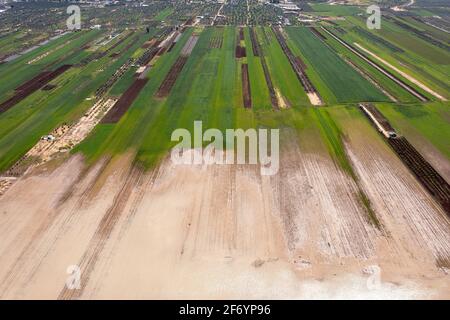Flooded agricultural fields due to heavy rains, Aerial view. Stock Photo