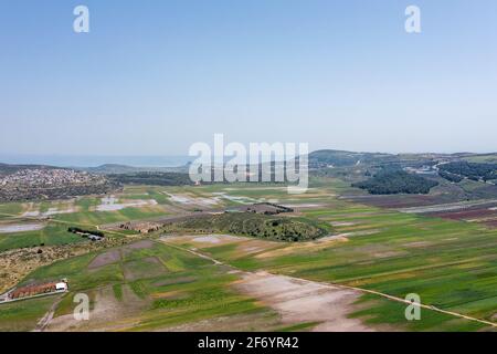 Beit Netofa valley with flooded agricultural fields in Israel lower Galilee, Aerial view. Stock Photo