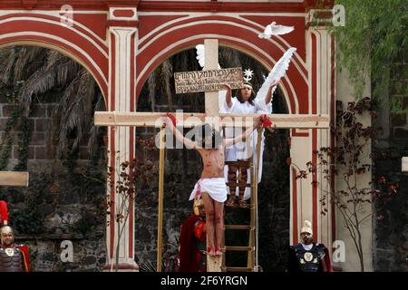 Mexico City, Mexico. 02nd Apr, 2021. Brando Neri Luna, plays the the role of Jesus Christ in the Passion of Christ, during Good Friday as part of Holy Week, during the 178th representation of the Passion of Christ in the Iztapalapa municipality. Latin America's most famous re-enactment of the crucifixion of Christ was closed to the public and transmitted live so people could watch at home, for a second consecutive year to prevent more infections by the new Covid-19. On April 2, 2021 in Mexico City, Mexico. (Photo by Eyepix/Sipa USA) Credit: Sipa USA/Alamy Live News Stock Photo