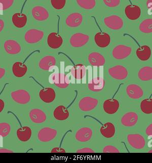 Vector seamless pattern with ripe cherries on green background. Ripe fruits design. Stock Vector