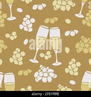 Vector seamless pattern with wineglasses and grapes on gold background. Glasses with champagne. Stock Vector