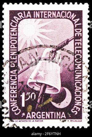 MOSCOW, RUSSIA - JANUARY 18, 2021: Postage stamp printed in Argentina shows Communication Lines, Telecommunications Conference serie, circa 1954 Stock Photo