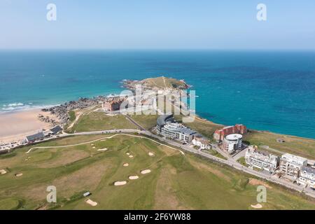 The Beautiful North Coast of Cornwall captured from the air on a sunny day. Stock Photo