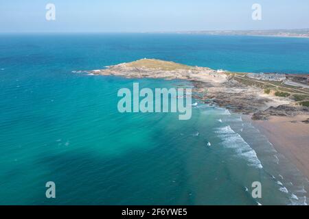 The Beautiful North Coast of Cornwall captured from the air on a sunny day. Stock Photo