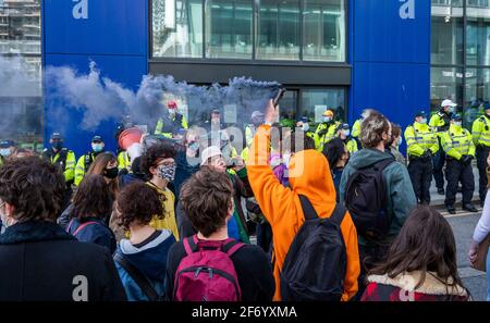 Brighton UK 3rd April 2021 - Hundreds of 'Kill The Bill' protesters gather outside Brighton Police Station in protest against the governments controversial new bill which would give police powers to crack down on peaceful protest  :  Credit Simon Dack / Alamy Live News