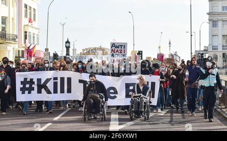 Brighton UK 3rd April 2021 - Hundreds of 'Kill The Bill' protesters march through Brighton in protest against the governments controversial new bill which would give police powers to crack down on peaceful protest  :  Credit Simon Dack / Alamy Live News