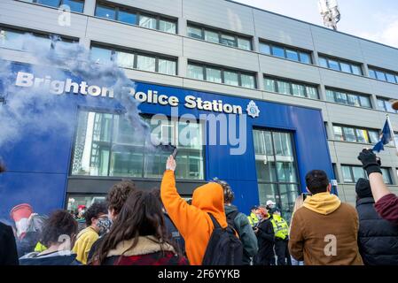 Brighton UK 3rd April 2021 - Hundreds of 'Kill The Bill' protesters gather outside Brighton Police Station as they take part in a protest against the governments controversial new bill which would give police powers to crack down on peaceful protest  :  Credit Simon Dack / Alamy Live News