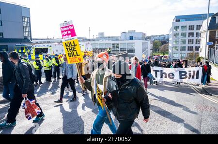 Brighton UK 3rd April 2021 - Hundreds of 'Kill The Bill' protesters march through Brighton in protest against the governments controversial new bill which would give police powers to crack down on peaceful protest  :  Credit Simon Dack / Alamy Live News Stock Photo
