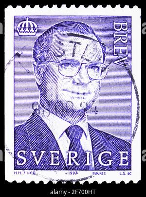 MOSCOW, RUSSIA - JANUARY 18, 2021: Postage stamp printed in Sweden shows King Carl XVI Gustaf, serie, circa 1997 Stock Photo