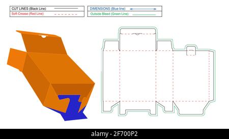 1 2 3 Bottom lock and Tuck Top with secure lid box dieline template and 3D render box Stock Vector
