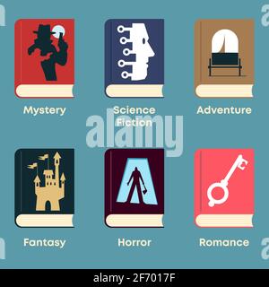 List of fiction genres. Set of books with themed covers: mystery, science fiction, adventure, fantasy, horror, romance. Stock Vector