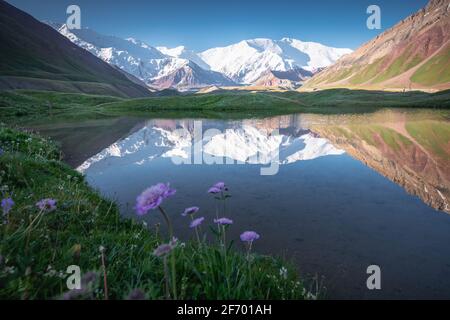 Picturesque view of snowcapped Lenin Peak mountain massif seen from the Achik-Tash base camp with reflection in the glacier lagoon Stock Photo