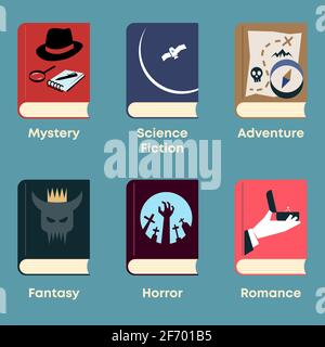 List of fiction genres. Set of books with themed covers: mystery, science fiction, adventure, fantasy, horror, romance. Stock Vector