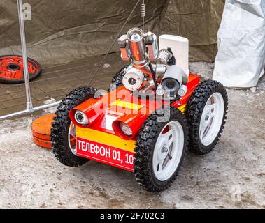 Samara, Russia - February 23, 2020: Fire fighting robot. Mobile autonomous wheled vehicle firefighter Stock Photo
