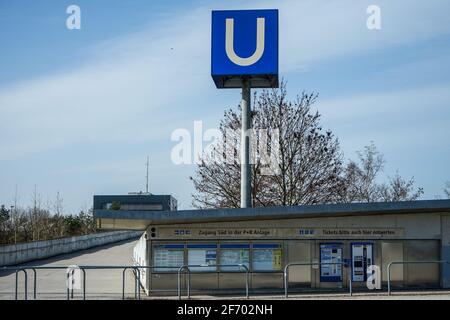 Allianz Arena during the Corona Lockdown. Where tourists and fans usually bustle about, craftsmen and employees work, there is yawning emptiness.. Stock Photo