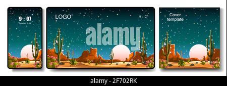 Desert with cacti. Night, moon, stars. Background for mobile phone, desktop and cover. Stock Vector
