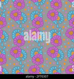 Seamless pattern with bright doodle flowers on gray background. Vector flat cartoon illustration Stock Vector