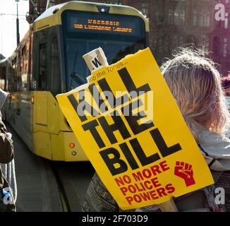 Manchester UK 3rd April 2021. Trams are blocked in St Peters Square. Kill the Bill protestors protest in Manchester. Credit: Gary Roberts/Alamy Live News