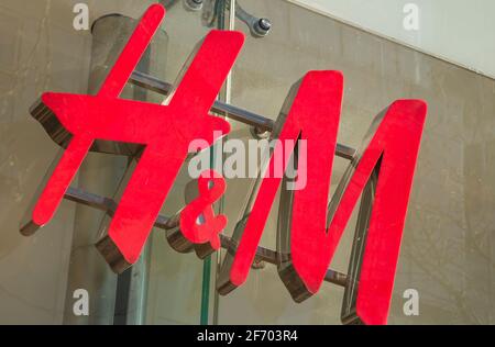 Birmingham, West Midlands, United Kingdom; April/12/2019; H&M logo in a shop in Birmingham Mall city, U.K. Stock Photo