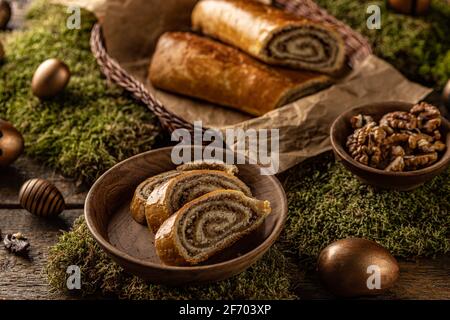 Sliced homemade walnut loaf for festive Easter table, still life Stock Photo