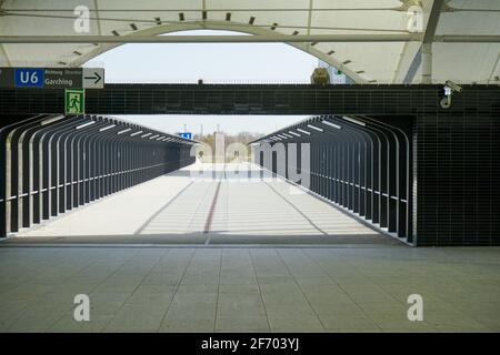 Fröttmaning subway station. The line 6 in Munich serves as connection to the Allianz Arena of FC Bayern Munich. Ghostly silence cause Corona Lockdown. Stock Photo