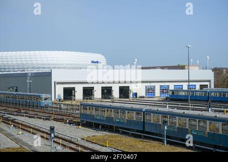 Fröttmaning subway station. The line 6 in Munich serves as connection to the Allianz Arena of FC Bayern Munich. Ghostly silence cause Corona Lockdown. Stock Photo