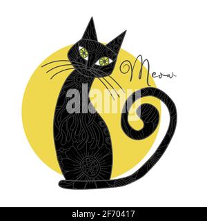 Cute black cat with doodle abstract flowers and leaves, quote - meow. Vector hand drawn outline illustration. Stock Vector