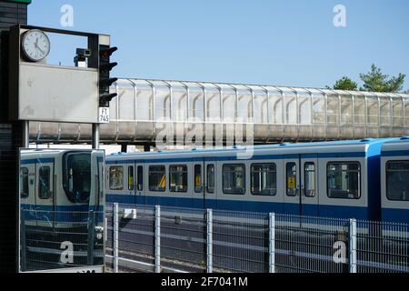 Fröttmaning subway station. The line 6 in Munich serves as connection to the Allianz Arena of FC Bayern Munich. Ghostly silence cause Corona Lockdown. Stock Photo