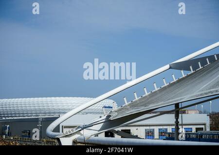 Fröttmaning subway station. The line 6 in Munich serves as connection to the Allianz Arena of FC Bayern Munich. Ghostly silence cause Corona Lockdown. Stock Photo