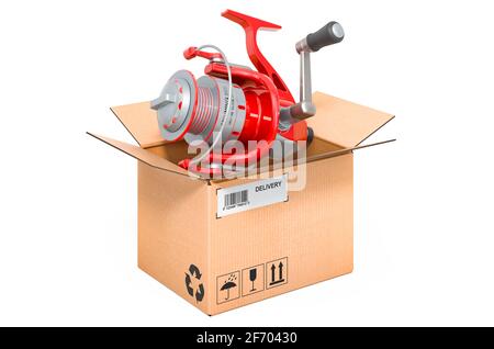 Fishing rod inside cardboard box, delivery concept. 3D rendering isolated  on white background Stock Photo - Alamy