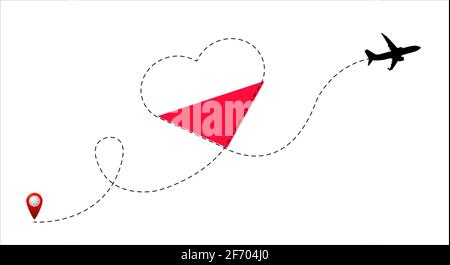 Airplane flight route with the Poland flag inside the heart. Travel to your beloved country. Vector flat illustration. Stock Vector