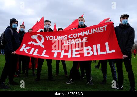 LONDON - 3RD APRIL 2021: Kill the Bill protest against the proposed Police, Crime, Sentencing and Courts Bill that the government are trying to pass. Stock Photo