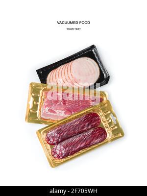 Three types of sausages and ham in vacuum packaging isolated on a white background. Top view. Stock Photo