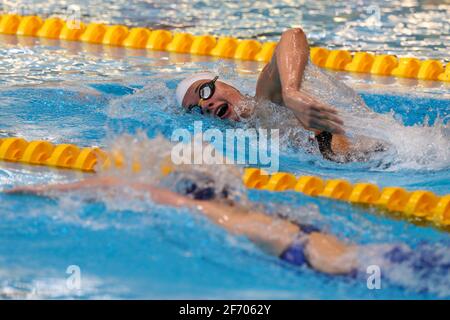 Belgian Valentine Dumont pictured during the first day of the 'Open Belgian Qualification Meet' swimming event, Saturday 03 April 2021 in Antwerp. Due Stock Photo