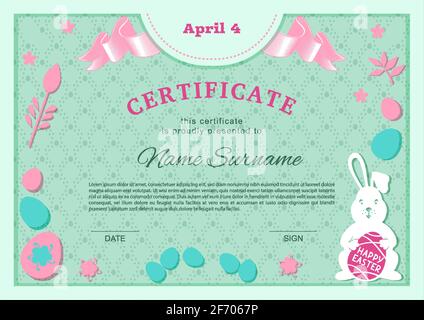 Easter certificate. Bunny holding Easter egg on green background. Easter blank. Vector Illustration. Happy Easter inscription on egg Stock Vector