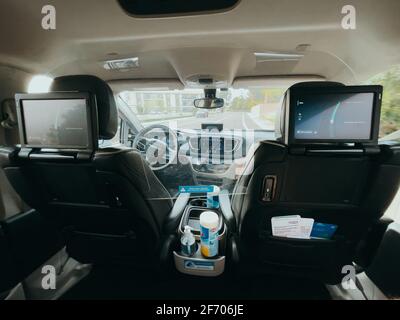 The interior of a fully autonomous Waymo driverless ride-hailing car on a ride in Tempe, Arizona, where the company is operating a public beta trial Stock Photo
